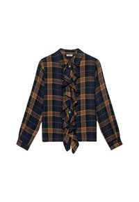 Blusa de cuadros en navy, marrón y crema. Cuenta con un frente con volantes y un cuello. Mangas largas con puños de botón. Textura de tela suave.