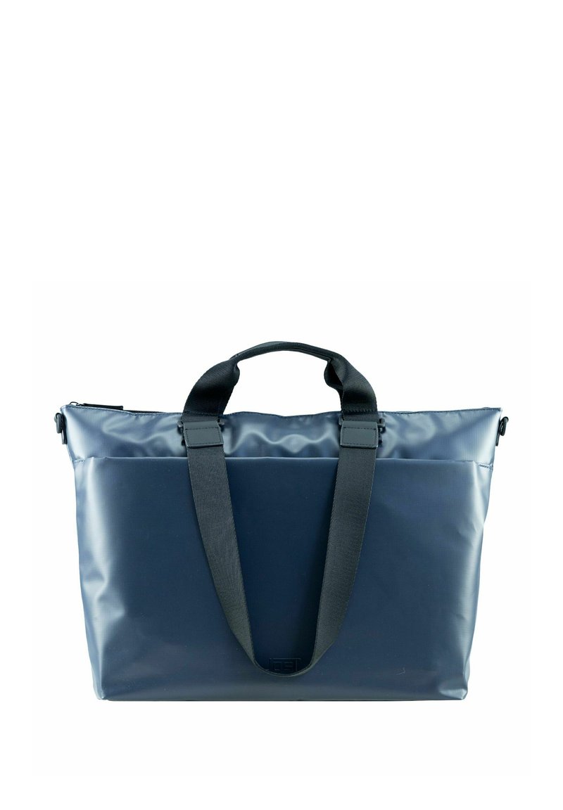 Borsa a tracolla impermeabile di colore blu navy con design strutturato, doppie maniglie superiori e spallacci neri regolabili. Chiusura con zip nella parte superiore.