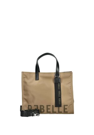 Beige rektangulær tote taske med sorte håndtag, sort aftagelig rem og ordet "REBELLE" trykt med store sorte bogstaver på forsiden.