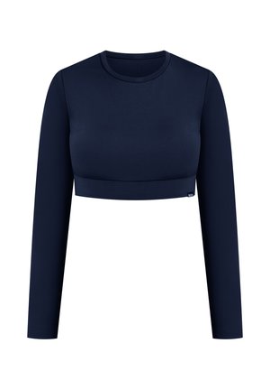 Crop top de manga larga color navy, hecho de un tejido suave, con un escote redondo y una silueta ajustada. Diseño sencillo, liso y sin patrones.
