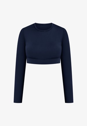 Marineblå langærmet cropped top lavet af glat stof, med en rund halsudskæring og en tætsiddende silhuet. Simpel, ensfarvet design uden mønstre.