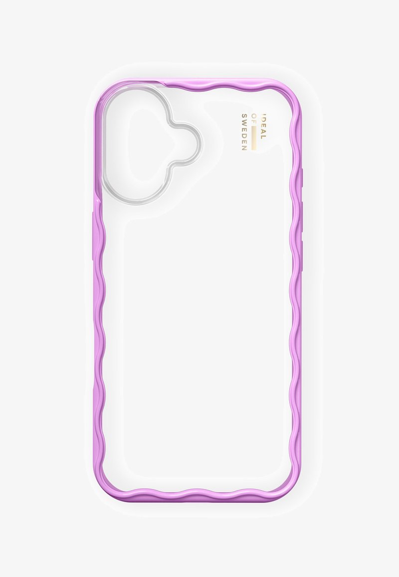 Husă de telefon transparentă cu margine roz ondulată, spate transparent și decupaj pentru camere. Prezintă text de marcă auriu pe lateral.