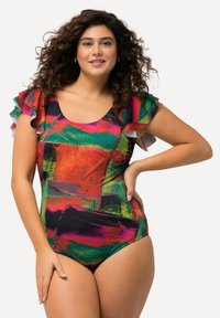 Multicolor zwempak met gedurfde penseelstreken in rood, groen, roze en zwart. Gerimpelde mouwen benadrukken het ontwerp.