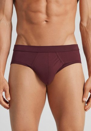Mandlig torso iført bordeauxfarvede briefs, der viser veltrænede mavemuskler og øvre lår mod en neutral baggrund.