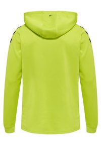 Kapuzensweatshirt in leuchtendem Limettengrün. Glatte Textur, lange Ärmel, mit schwarzen Akzenten an den Seiten und einem Logo auf der Rückseite der Kapuze.