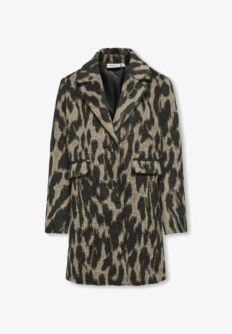 Wollen blend jas met een luipaardprint in bruin- en zwarttinten, met een geknipte kraag, twee voorkeurszakken en een dubbele knoopsluiting.