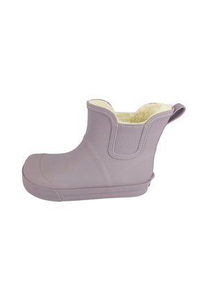 Kurzer lavendelfarbener Gummi-Knöchelstiefel mit beigem flauschigem Innenfutter und Zuglasche, mit elastischen Seitenteilen für einfaches Anziehen.