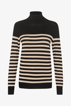 Svart och beige randig polotröja med långa ärmar. Stickad struktur, smal passform, med växlande breda och smala ränder.