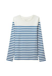 Chemise à manches longues rayée avec des rayures horizontales bleues et blanches, encolure arrondie, en matériau coton et coupe décontractée.