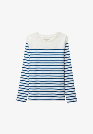 Chemise à manches longues rayée avec des rayures horizontales bleues et blanches, encolure arrondie, en matériau coton et coupe décontractée.