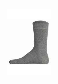 Grå ankelstrømpe lavet af blødt, tekstureret stof med en ribbet kant. Simpelt design, ingen synlige mønstre eller hardware. Klassisk form og farve.