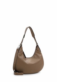 Braune Leder-Umhängetasche mit geschwungener Form, verstellbarem Riemen und silbernem Zubehör. Besitzt eine strukturierten Oberfläche und einen Reißverschluss.