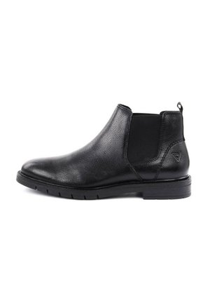 Stivaletto Chelsea in pelle nera con pannelli laterali elastici, punta tonda e superficie testurizzata. Tacco basso e linguetta per una facile calzata.