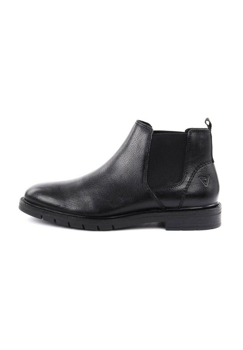 Stivaletto Chelsea in pelle nera con pannelli laterali elastici, punta tonda e superficie testurizzata. Tacco basso e linguetta per una facile calzata.