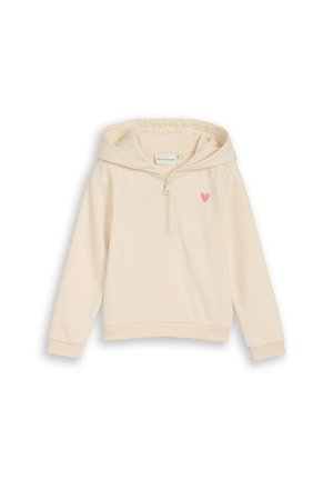 Crèmekleurige kinderhoodie met lange mouwen, halve ritssluiting aan de voorkant, capuchon en een klein roze hartje op de linkerborst.