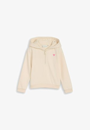 Crèmekleurige kinderhoodie met lange mouwen, halve ritssluiting aan de voorkant, capuchon en een klein roze hartje op de linkerborst.