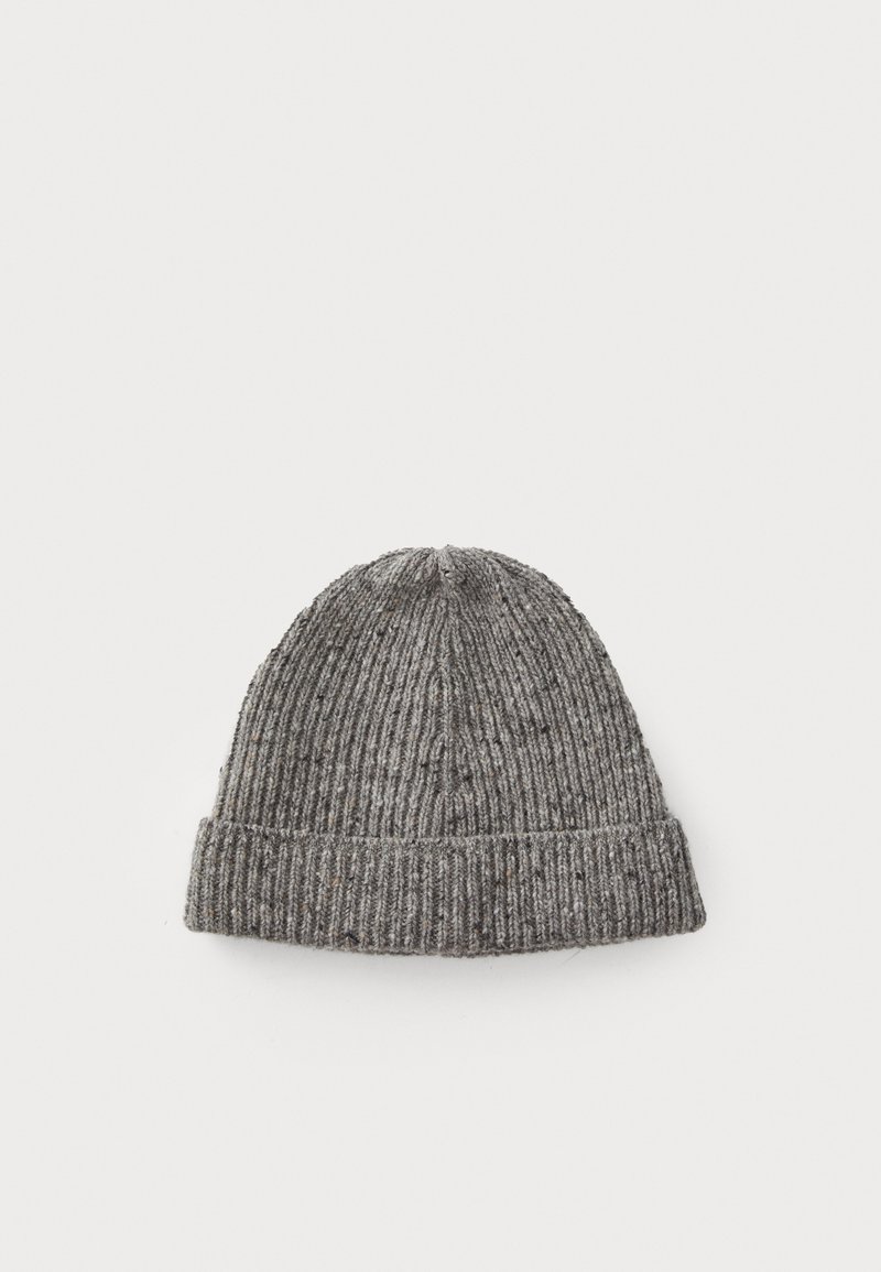 Gray ribbed knit beanie with a cuffed hem, featuring a textured surface and subtle color variations throughout the fabric.
