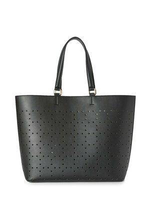 Borsa tote in pelle nera con ritagli triangolari, due manici robusti e una texture liscia. Gli accessori in metallo dorato arricchiscono il design.