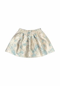 A short, flared skirt with an elastic waistband, featuring a cream base and a blue floral pattern with a textured metallic finish.