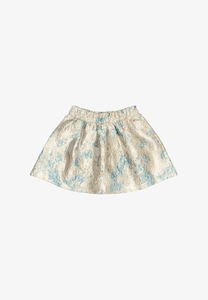 Una gonna corta a campana con vita elastica, caratterizzata da una base avorio e da un motivo floreale blu con una finitura metallica texturizzata.