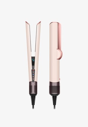 Hair straightener with digital display, control buttons, and rounded edges, shown from front and side views in beige and rose gold colors.