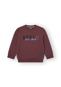 sudadera burdeos hecha de una mezcla de algodón, con puños y dobladillo acanalados, texto "BRKIN EST. 1634" en varios colores, y un parche de logo redondo.