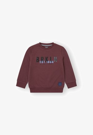 sudadera burdeos hecha de una mezcla de algodón, con puños y dobladillo acanalados, texto "BRKIN EST. 1634" en varios colores, y un parche de logo redondo.