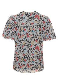 Kortärmad blus i lätt tyg med svart grundfärg, prydd med ett blommönster i rött, blått och beige. Rund halsringning och något utsvängda ärmar.