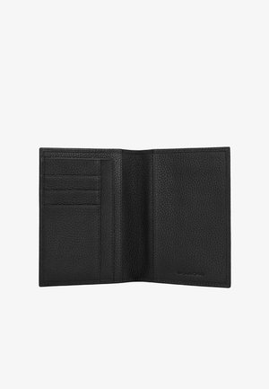 Black leather wallet with a textured finish, featuring multiple card slots and a spacious interior. Minimalist design with no hardware.