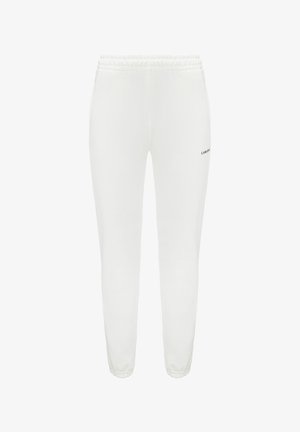 Pantaloni de trening albi cu un brâu elastic și bălți la gleznă. Prezintă un logo imprimat pe partea stângă. Textură de țesătură moale.