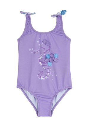 Lilla svømmedragt til småbørn med søheste-grafik dekoreret med 3D lilla og blå blomster, med knyttede skulderstropper med mønstrede ender.
