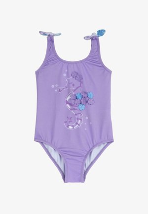 Maillot de bain violet pour tout-petit avec un motif hippocampe décoré de fleurs 3D violettes et bleues, doté de bretelles nouées aux épaules avec des extrémités à motifs.