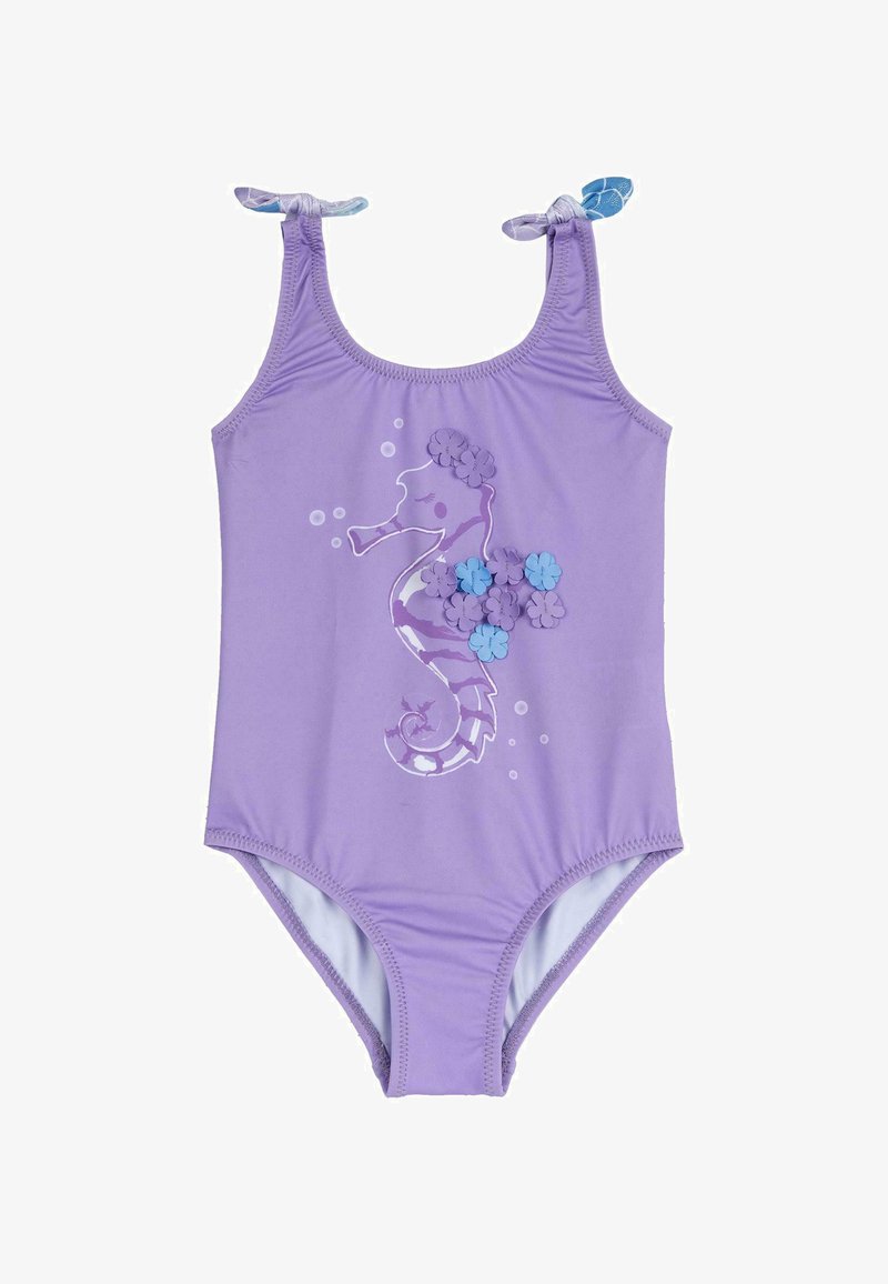 Maillot de bain violet pour tout-petit avec un motif hippocampe décoré de fleurs 3D violettes et bleues, doté de bretelles nouées aux épaules avec des extrémités à motifs.