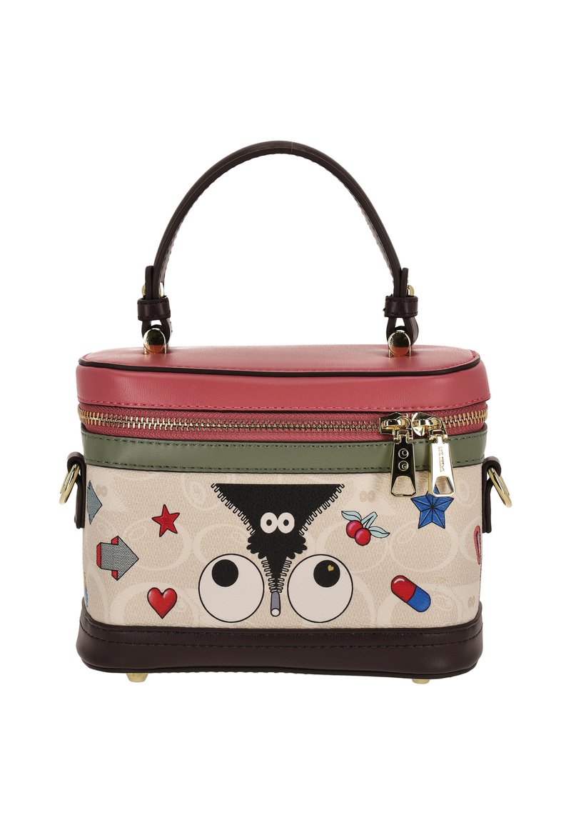 Vörös és krémszínű mintás kézitáska merev szerkezettel, játékos grafikákkal, barna díszítésekkel és felső fogantyúval.
