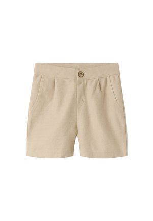 Beige shorts laget av teksturert stoff, med en knappelukking foran og to sidelommer, og med subtile folder foran.