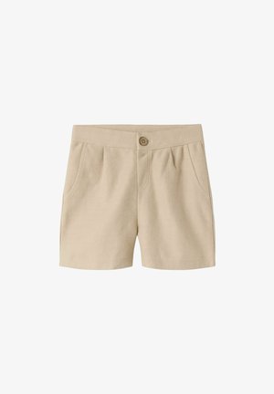 Beige shorts laget av teksturert stoff, med en knappelukking foran og to sidelommer, og med subtile folder foran.