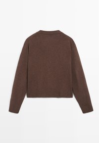 Maglione corto marrone con orlo e polsini a coste. Texture morbida, design semplice e colletto classico. Vista posteriore mostrata.