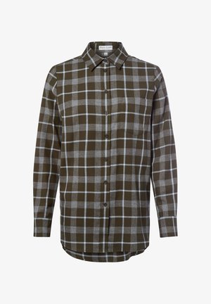 Green and gray plaid shirt with long sleeves, button-up front, and a collar. Features a chest pocket and rounded hem. Soft fabric texture.