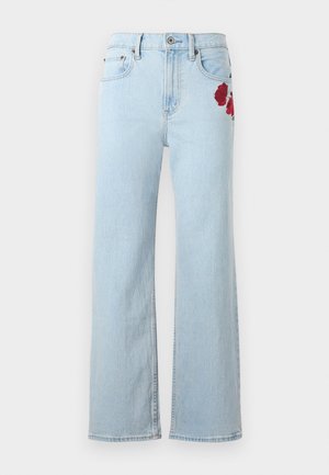 Light blue wide-leg jeans with high waist and red rose embroidery on the right hip pocket area.