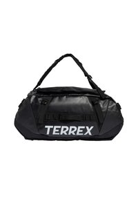 Crna torba za prtljagu od sjajnog, izdržljivog materijala. Ima podesive remene, vanjske džepove i istaknuti bijeli logo "TERREX".