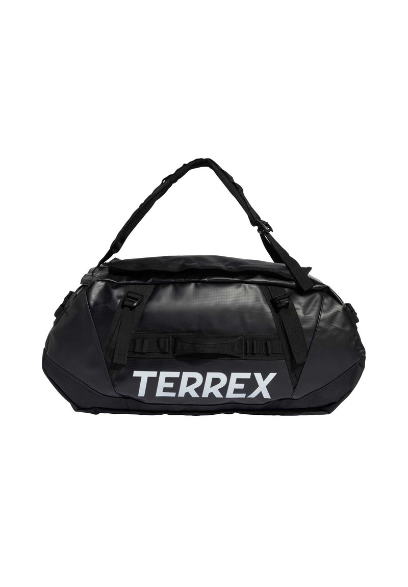 Crna torba za prtljagu od sjajnog, izdržljivog materijala. Ima podesive remene, vanjske džepove i istaknuti bijeli logo "TERREX".