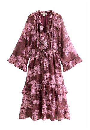 Burgundy floral dress with ruffles, long sleeves, and a tie waist. Features a layered skirt and polka dot pattern in pink hues. Semi-sheer fabric.