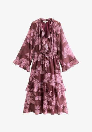 Burgundy floral dress with ruffles, long sleeves, and a tie waist. Features a layered skirt and polka dot pattern in pink hues. Semi-sheer fabric.