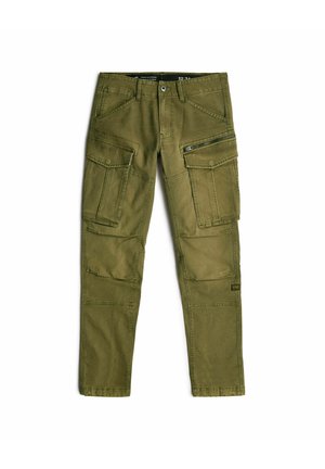 Cargo pants in olive green, made of durable fabric. Features multiple pockets, including side zip pouch and reinforced stitching details.