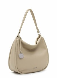 Beige textured leather shoulder bag with a single strap and a round silver brand tag hanging on the side.