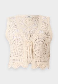 Häkelweste in hellem Beige mit filigranen Blumenmustern, offenem Vorderteil mit Bändern und gewelltem Saum.