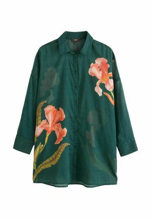 Camicia verde con bottoni e maniche lunghe, caratterizzata da ampi motivi floreali rosa. Realizzata in un materiale leggero con una vestibilità comoda e colletto.