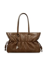 Bruine leren tote bag met een geplooid ontwerp, lange hengsels, hardware in goudkleur en een logo-accent. Heeft trekkoordsluitingen aan de zijkanten.