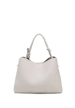 Sac à main en cuir blanc texturé avec une seule poignée ornée d'un détail noué et d'une boucle argentée sur fond blanc.