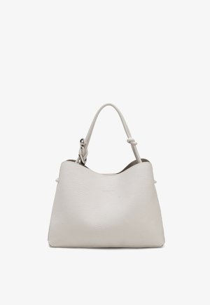 Sac à main en cuir blanc texturé avec une seule poignée ornée d'un détail noué et d'une boucle argentée sur fond blanc.